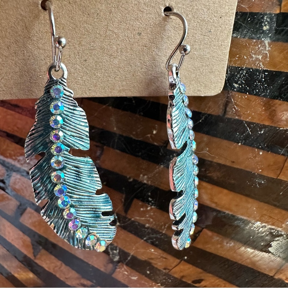 RESTOCK Boho Blue Sparkly Rhinestone Feather Dangle Earrings Y2K Festival Party